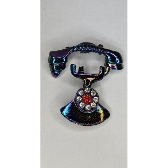 Old Fashioned 2 Piece Phone Clear Crystals Iridescent Vintage Metal Brooch Pin - Picture 7 of 8